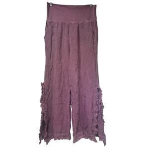 Meo Meli Gaucho Pants Purple Made in Italy Linen Blend Wide Leg Distressed Hem